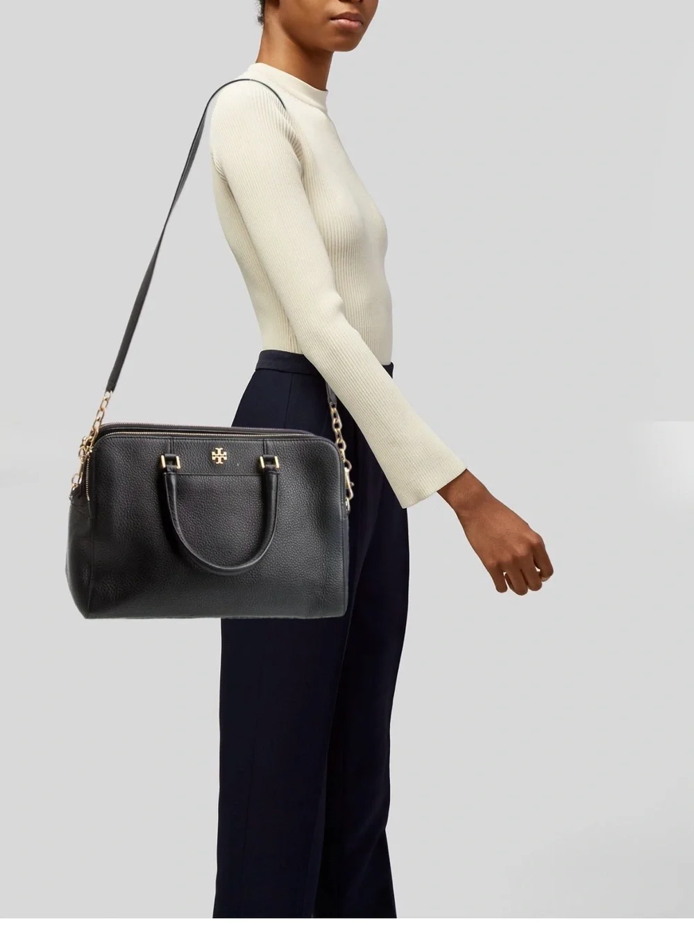 TORY BURCH Georgia Double Zip Pebbled Leather Satchel Black Gold 8
